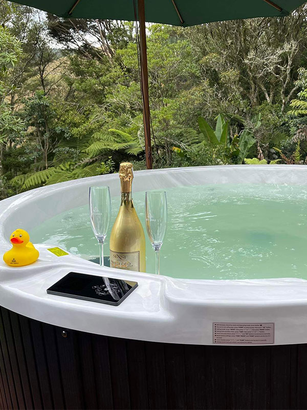 round spa pool with champagne and rubber duck on side of spa pools auckland